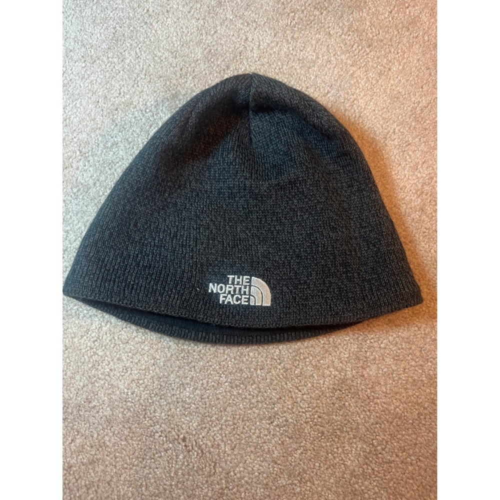 The North Face Kids Charcoal Grey Knit Beanie Hat Embroidered Logo Winter Warm